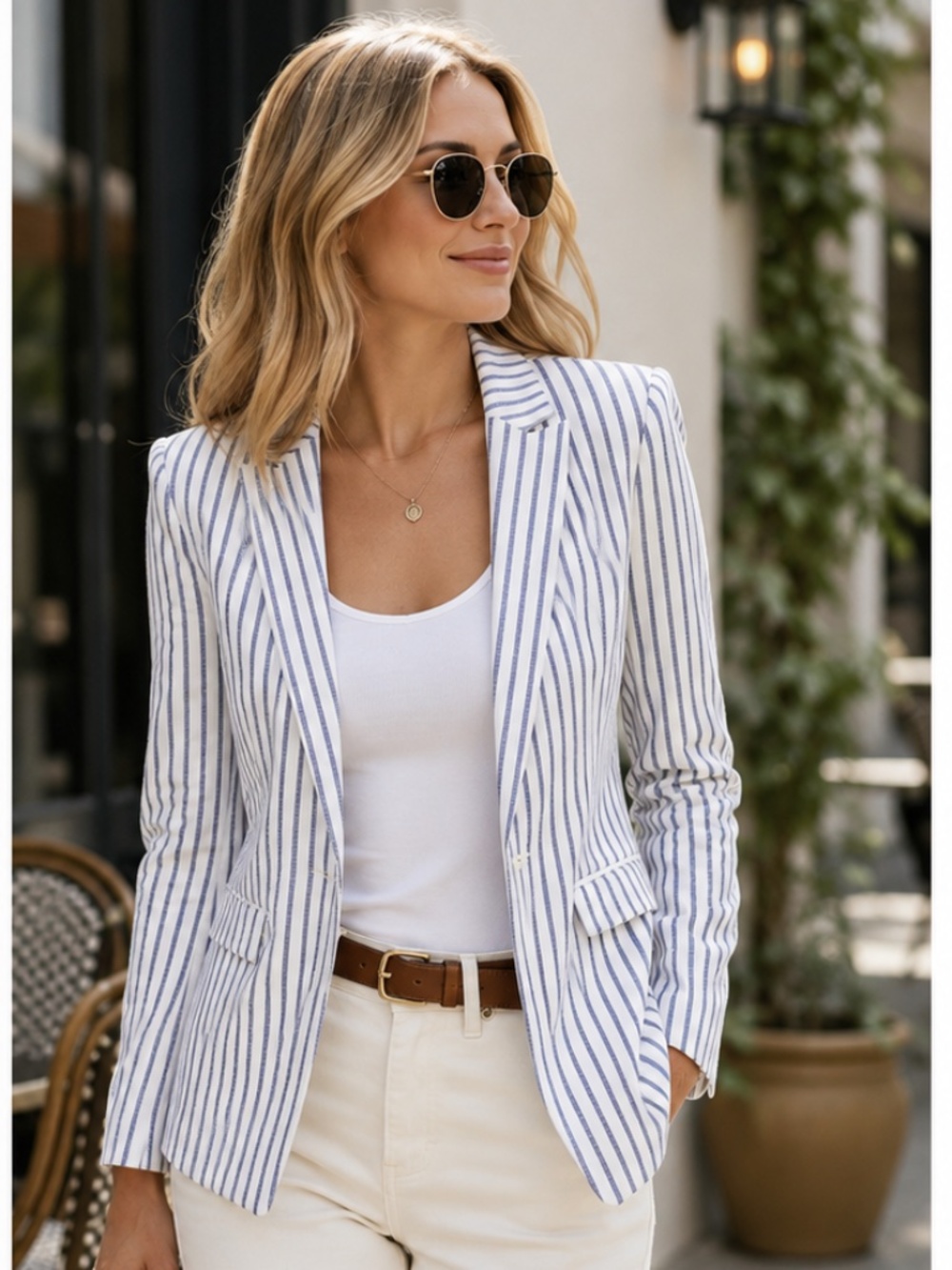 JETSET | Blue and White Striped Tailored Blazer Linen Jacket | Size Small